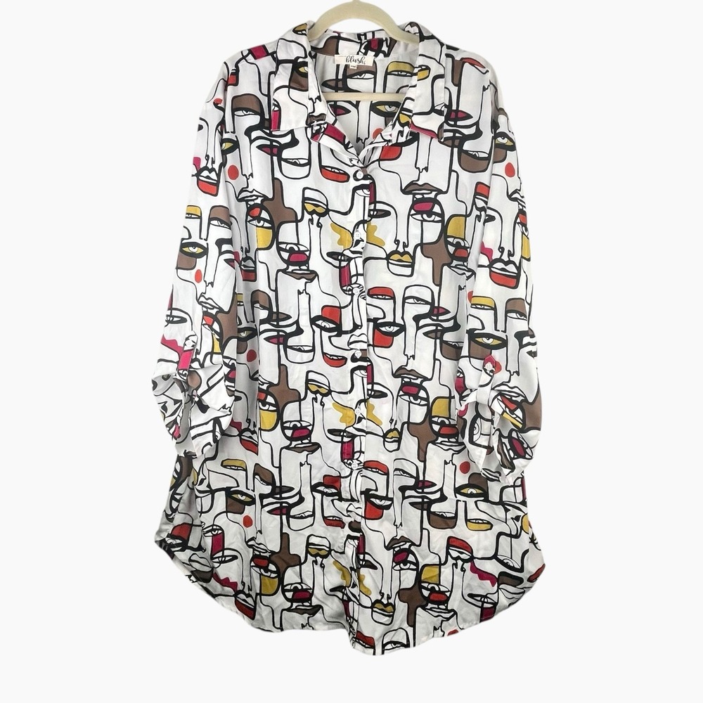 Hint Of Blush Tunic Dress Top Picasso Faces Roll Tab Sleeve Button Up White